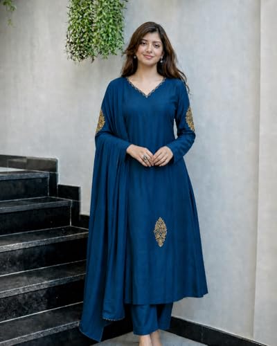 Image of ANNI Designer Kurta Set for Women Viscose Embroidered | A-Line Kurta Pant Dupatta Set for Woman | Long Sleeve V-Neck Stylish Ethnic 3 Piece Outfit Trendy Women Clothing