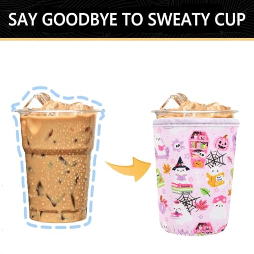 Image of YR Reusable Neoprene Insulator Sleeve for Iced Coffee Cups, 3 Pack Coffee Coolies sleeves for Iced & Hot Drinks, Cold Beverage Cooler Compatible with Cold Soda and More (Ghost & Book)