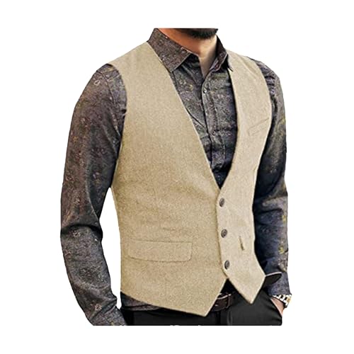 Mens Classic Tweed Suit Vest V Neck Slim Fit Groomsmen Waistcoat For Wedding Business