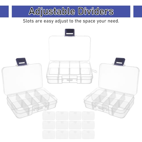 Image of 12 Pack 8 Grids Small Plastic Divider Organizer Box, Clear Bead Storage Container with Removable Dividers, Grid Compartment for Small Parts, Screw and Craft, 4.1 inchx 2.6 inchx 0.9 inch