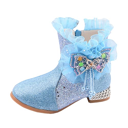 Girls Dress Cowgirl Boots Side Zipper Mid Calf Boots Princess Glitter Boots Kids Party Low Heel Mesh Top Cowboy Boots