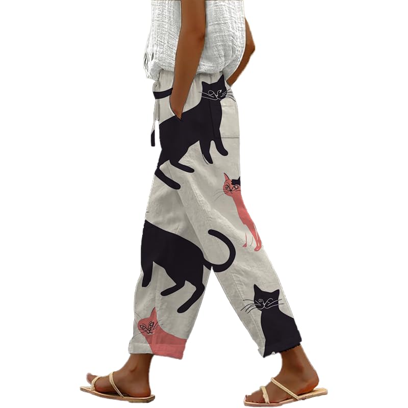 Womens Trendy Pants Japanese Vintage Plus Size Elastic Waist Casual Beach Trousers with P…