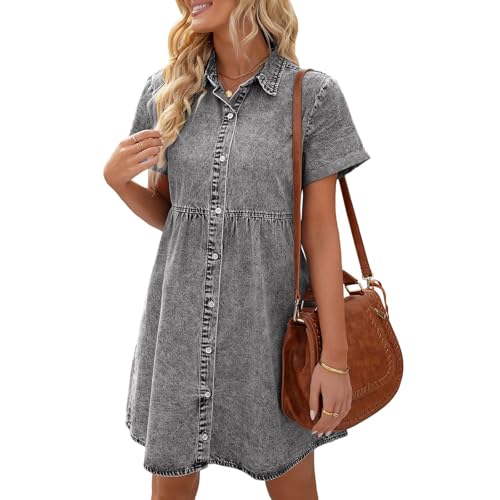 xuergu Damen Denim, lockeres Hemdkleid, Knopfleiste, 3/4-Laternenärmel, lässig, Tunika, Top, Puffärmel, fließendes Jeans-Minikleid, grau, S