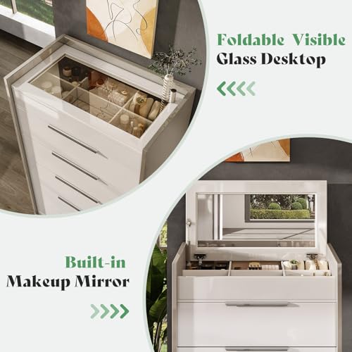 Image of AMERLIFE 5-Drawer Chest with Glass Tabletop, Storage Dresser Organizer with Inside Mirror & Lift Top Dresser for Bedroom, Cream&Grey