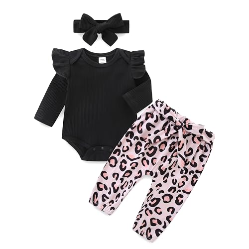 KIDDLETOWN Baby Mädchen Bekleidungsset Langarm Body Strampler + Blumen Hose + Stirnband Neugeborene Babyset Kleidung Baby Mädchen Kleidung Set Babykleidung Outfit 0-12Monate