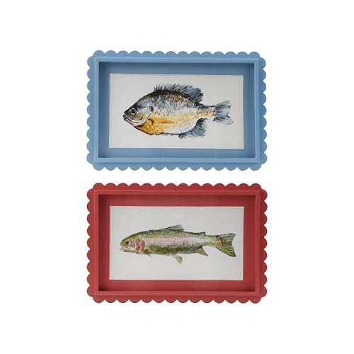 Creative Co-Op 2-Piece Wood-Framed Scalloped Glass Wall Décor with Fish
