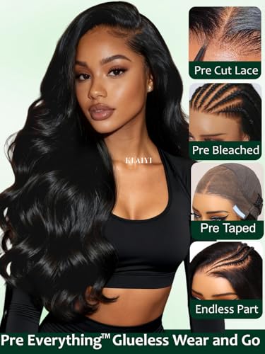 Image of KLAIYI Loose Body Wave Pre Everything Glueless 13x4Lace Front Wig Human Hair Drawstring Precut Lace Pre Plucked Bleached Bye Bye Knots 3S Ready to Wear and Go Wig with Face Framing Curtain Bang 16Inch