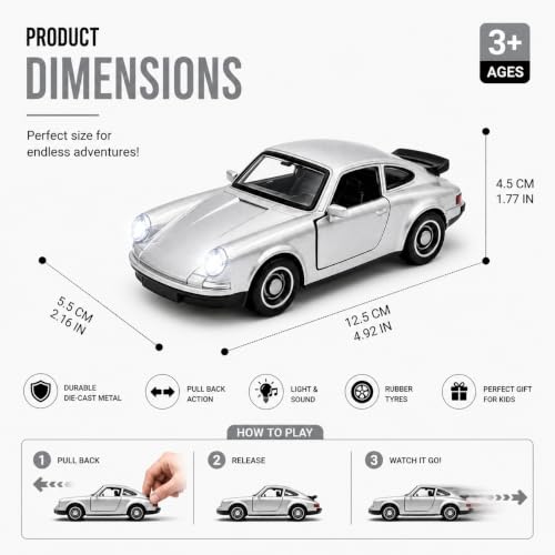 Image of 1:36 Scale 911 Die-Cast Alloy Toy Car - Pull-Back Metal Sports Car with Openable Doors, LED Lights & Sound - Collectible Model for Kids, Boys & Enthusiasts (Silver)