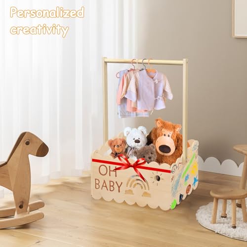 Holz Baby Geschenk Korb, 34x23x51cm Babykorb Geschenk mit Griff, Holzkiste für Babyparty mit Griff und 8 Kleiderbügel, Kleiderschrank für Geburtstage Babypartys Weihnachten Neue Eltern