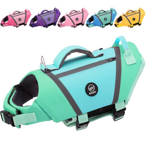 EMUST Dog Life Vest Lightweight Life Jacket for Dogs with Pockets Stylish Dog Life Preserver with Rescue Handle & Reflective Stripes for Swimming Boating Kayaking Turquoise XS