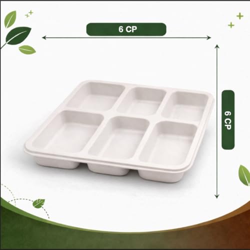 Image of Eco Bagasse 6 Compartment Meal Trays - Eco-Friendly Bagasse Disposable Plates - Strong Oil & Water Resistant Disposable Plates with Compartments for Parties, Catering & Events (Pack of 25)