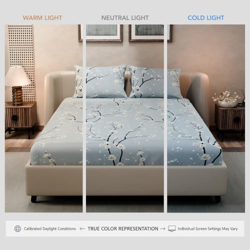 Image of BLISSHOME SoftTouch 140TC Cotton King Size Fitted Bedsheet with 2 Pillow Covers, Silky Smooth Bedding Set, Breathable, Easy Maintain, Floral Print - Grey, White (182cm x 198cm x 25cm Drop)