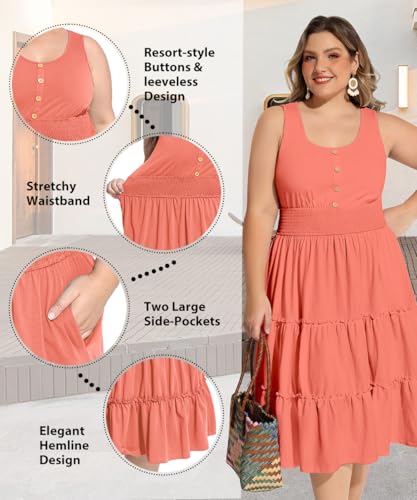 Image of RITERA Plus Size Summer Casual Dresses for Women Sleeveless Button Down Empire Waist Ruffle Tiered Swing Midi Dress XL-5XL