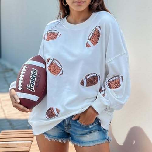 Xunger Women’s Football Print Sequin Sweatshirt Crewneck Oversized Long Sleeve Pullover Tops Gameday Sweatshirts3