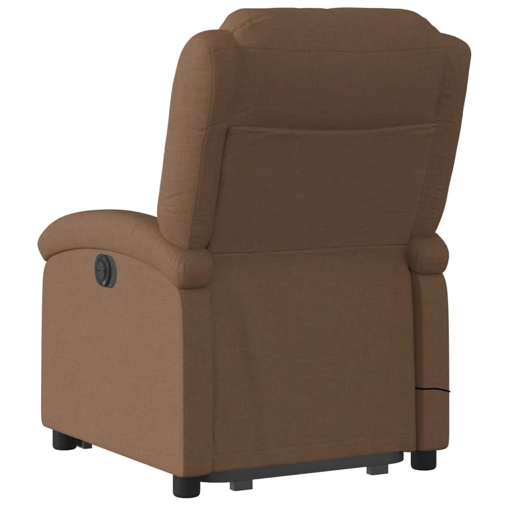 Sillón elevador eléctrico reclinable con masaje de 6 puntos, tejido marrón, función elevación y vibración, estructura estable de madera y metal, cómoda con bolsillo