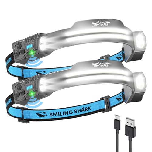 Smiling Shark TS-2 Kopflampe, LED Stirnlampe Aufladbar 2400mAh mit Schwenkbares Dual-Spotlight & Floodlight & Strobe mit Bewegungssensor Hands-Free...