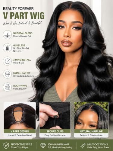 Image of Beauty Forever Body Wave V Part Wig Human Hair - Glueless Wear and Go Wig for Women, Natural Blend No Leave Out Wig, Beginner Friendly Protective Style, Small Cap, 150% Density Natural Color 20 Inch