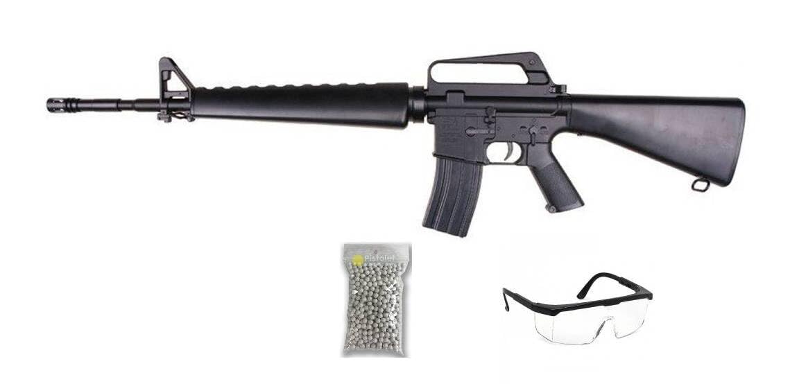 Pack Rifle Airsoft Modelo M16 Vietnam Spring/Materiales: Plástico de Alta Resistencia/Potencia 0.5 Joule/Se suministra con Accesorios