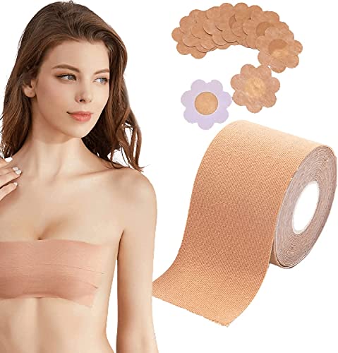 [Friendship] リフトアップテープ ニップレス 女性 胸リフトテープ ニップルシール 男性用 ボディテープ 乳首隠し 透けない 目立たない 揺れない 肌に優しいテープ 男女兼用 (C:肌色 リフトアップテープ 5メートル+ニップルテープ10枚) - Friendship - 商品画像