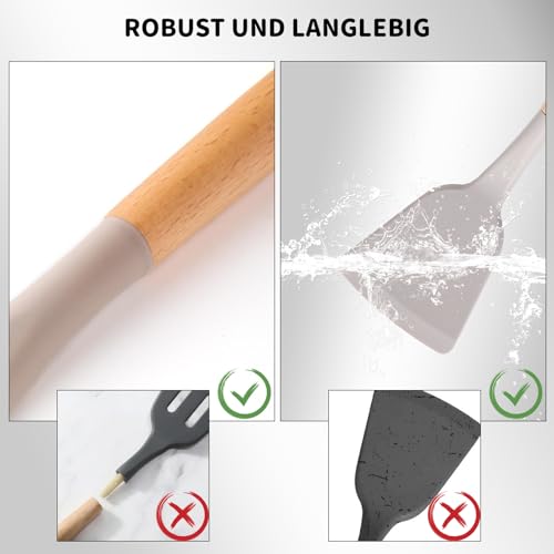BASVII 12-delar Silikon Köksredskapssats med Trähandtag - Kaki