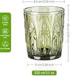 Joeyan Green Vintage Drinking Glasses, 320ml/11oz Geometric Embossed Water Glass Tumbler, Colored Heavy Duty Glassware Beverages Cup for Whisky, Cocktail, Beer, Juice, Tea, Wine, Set of 6