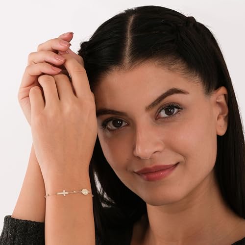Image of MIONZA Catholic Medal Cross Bracelet for Women | 14K Gold Plated or Solid Gold, Religious Rosary Jewelry, Choose Your Saint Medal Bracelet
