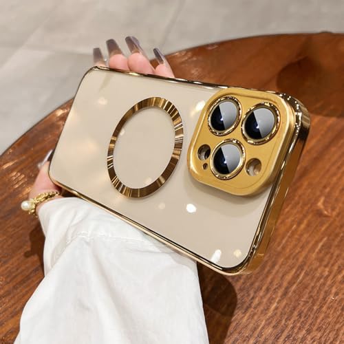 Coque iPhone 14 Plus dorée luxe avec protection verre et magsafe