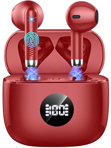 Wireless Earbuds, Bluetooth 5.4 Headphones in Ear with 4 ENC Noise Cancelling Mic, Wireless Earphones 40H Playtime, HiFi Stereo Deep Bass Bluetooth Earbuds, Wireless Headphones IP7 Waterproof, Red