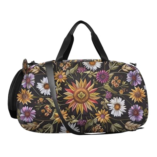 Duffle Bag for Boys or Girls with Shoes Compartment, Symmetrical Pattern Wildflowers Sports Travel Bag Overnight2