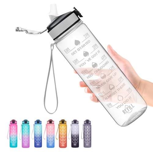 Image of Hyeta 32 oz Water Bottles with Times to Drink and Straw, Motivational Water Bottle with Time Marker, Leakproof, Drinking Sports Water Bottle for Fitness, Gym and Outdoor