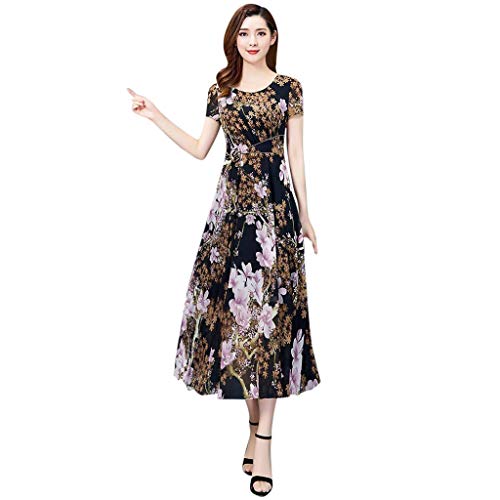 Dress for Women,Fashion Casual Summer Dresses Women O-Neck Short Sleeve Long Dress Printed Slim A-Line Dress (Gray-06#, XXXL)