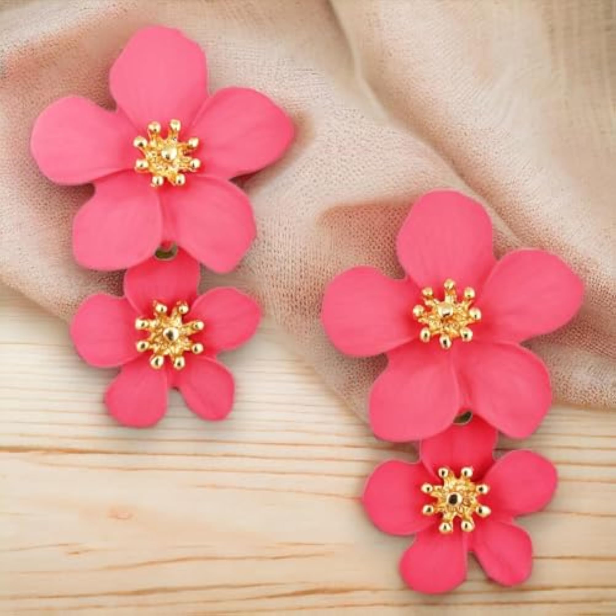 Double Flower Dangle Statement Earrings, Stylish Accessory