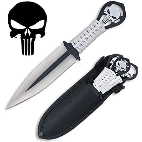 KOSxBO® Set 3er Punisher Darts Wurfmesser Skull Edition hochwertige Kunai Messer inkl Nylon Scheide und Gürtelclip Cover