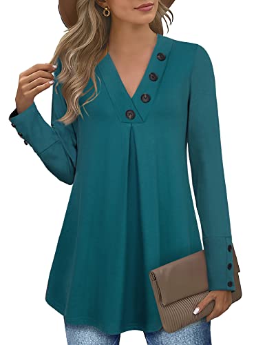 Messic Long Sleeve Tunic Tops for Women,Ladies Long Sleeve Tunic Length Leisure Style Shirts Cute V Neck Pleated Design Tops Comfortable Warm Comfy Cosy Sweatshirts Perfect with Skinny Jeans Dark Cyan Large