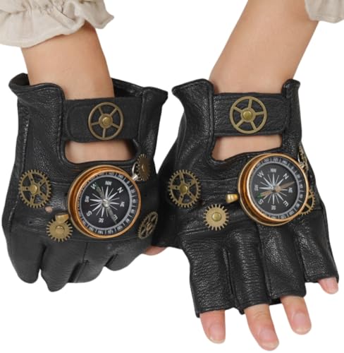 XWXLDD Steampunk Gothic Rock Leather Fingerless Gloves with Gear Accents (Black01, Large)