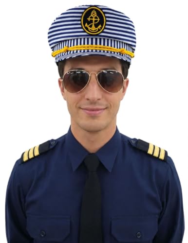 Image of BookMyCostume Unisex Blue and White Striped Sailor Captain Cap - Yacht Cap with Embroidered Anchor Badge and Gold Detail - Classic Marine Costume Accessory for Boat Parties & Summer Cruises | Adults