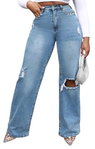 KnoInt Women's Wide Leg Straight Ripped Jeans Fashion High Waisted Distressed Baggy Stretchy Loose Denim Pants with Patch Pockets Blue, Small