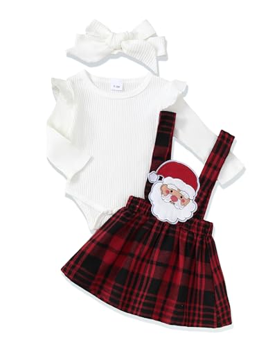My First Christmas Baby Girl Outfit 0-3 Months Baby Girl Clothes Newborn Infant Winter Fall Dresses Santa Red Plaid Overalls Dress Rib Romper Gift Stuff Cute Baby Clothes for Girls