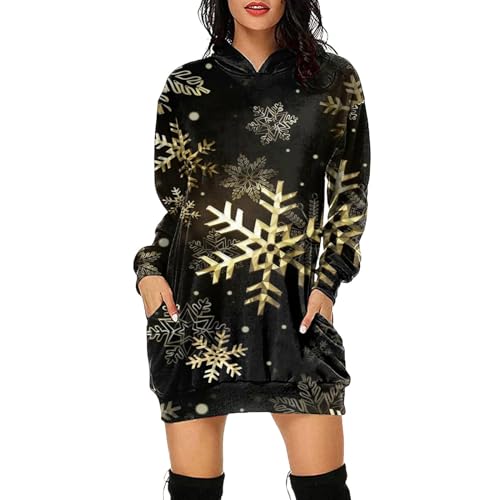 Weihnachtspullover Kleid Damen Ugly Christmas Pullover Lang Schneemann Muster Lässig Weihnachtskleid Kitschige Baggy Loose Fit Kapuzenpullover mit...