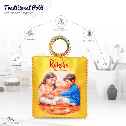 Image of Silk Raksha Bandhan Potli Bag for Women Return Gift Pack of 12 | Rakshabandhan Theme Ethnic Clutch with Ring Handle & Zipper | Rakhi Favour Pouch