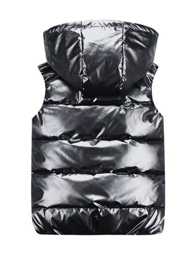 FindThy Women’s Shiny Puffer Down Vest Quilted Zip Up Hat Collar Pocketed Sleeveless Jacket2