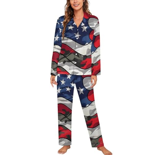 Pijama de camuflaje con bandera americana para mujer, manga larga, con botones, suave, con bolsillos, Estilo:, M