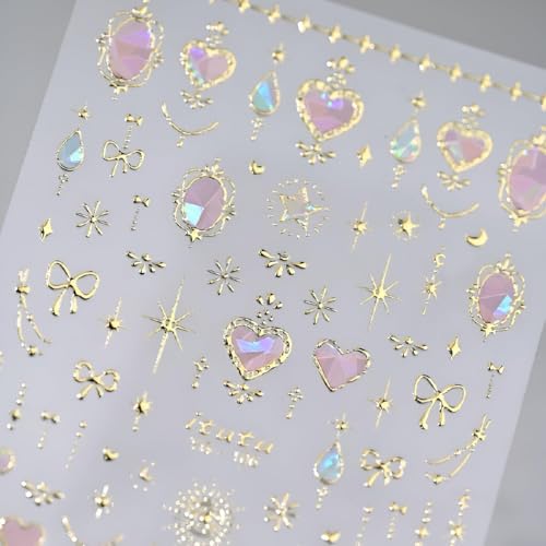 Valentine Nail Art Stickers Gold Moon Star Bow Nail Stickers for Nail Art 5D Embossed Pink Heart Nail Decals Valentines Day Nails Design Aurora Heart Nails Supplies for Women Girls