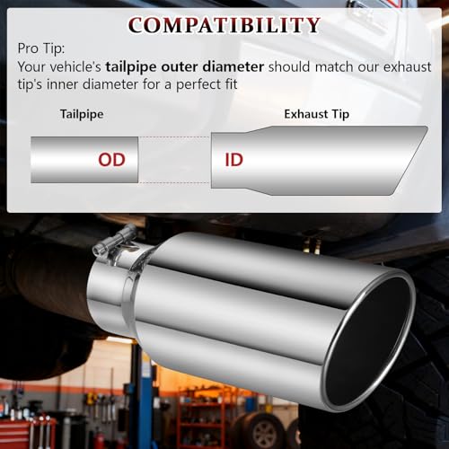 Image of Exhaust Tip 4 inch Inlet 6 inch Outlet 15 inch Long, High Performance Stainless Steel, Rustproof Polished Finish, Rolled Angle Cut, Bolt-On Diesel Tail Pipe, Universal for Car Truck
