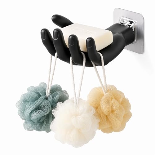 Handförmige Seifenschale selbstklebend ohne Bohren 5 Haken. Wandmontage Kunststoff schimmelresistent (Mold) seifenhalter mit Ablaufrinne. seifenschale dusche Badezimmer seifenhalter(schwarz)