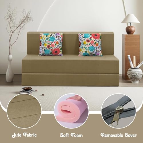 Image of Rosebell Foldable 2 Seater Sofa Cum Bed, Sofa Bed 4 X 6 Feet, Jute Fabric- Washable Cover- Including Two Printed Cushion Perfect for Home & Office - Golden Color