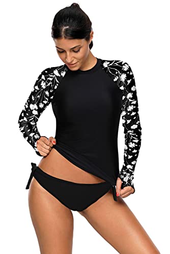 Women 2 Piece Rash Guard Long Sleeve Uv Upf 50+ Swim Shirt Built In Bra Surfing Swimsuits With Bottom #TOP1