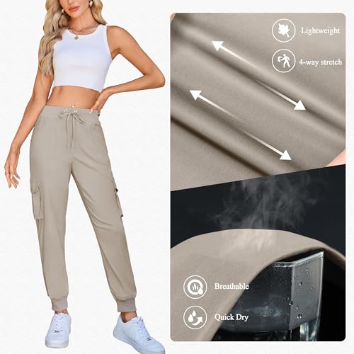 Damen Cargo Jogginghose Multifunktions Outdoor Wanderhose Lang Leichte High Waist Stretch Sport Trekkinghose Multi Taschen (B Khaki, L)