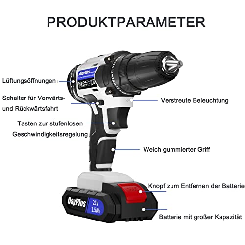 21V Akku-Bohrmaschine - Elektroschrauber-Set, 2x 1,5Ah Akkus, 29 Elektroschrauber-Zubehörsets, mit Werkzeugkoffer und Handschuhen, geeignet für Familien und Heimwerker, Weiß – Bild 3