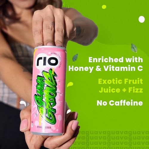 Image of Rio Pink Guava Fruit Drink Can | Soft Drink | Exotic Fruit Juice + Fizz | Rich In Vitamin C and Honey | Pack of 12 | 250 ml